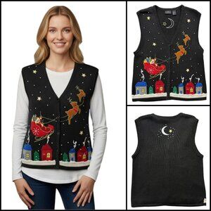 VTG Christmas Flying Santa Reindeer Sky Sweater Vest Black Grandma Teacher Sz L